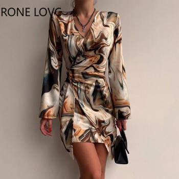 Chic V Neck Waistband Long Sleeve All Over Print Abstract Pattern Mini Bodycon Print Dress